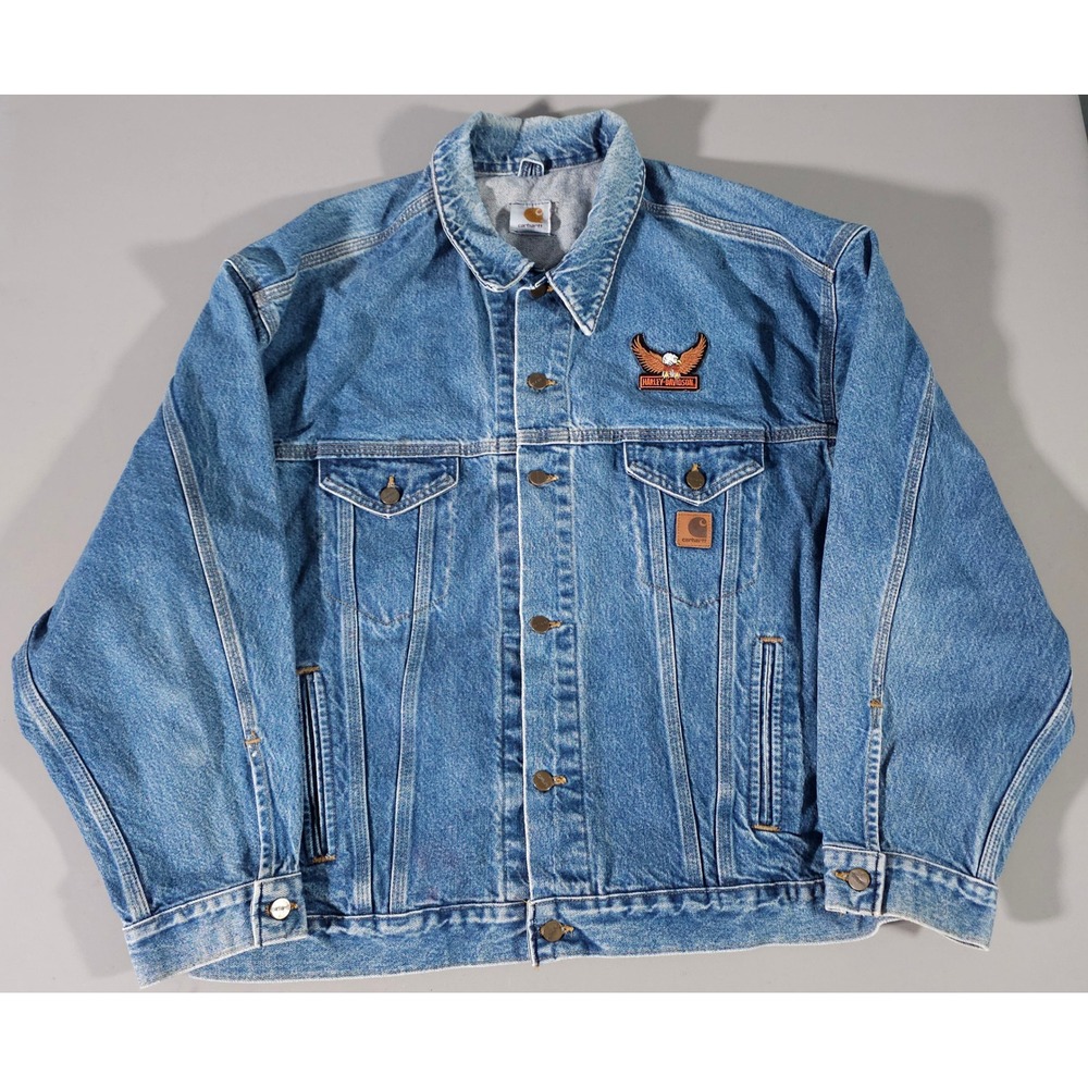 Carhartt Denim Trucker Jacket Mens XL Blue Eagle Patch Workwear Coat